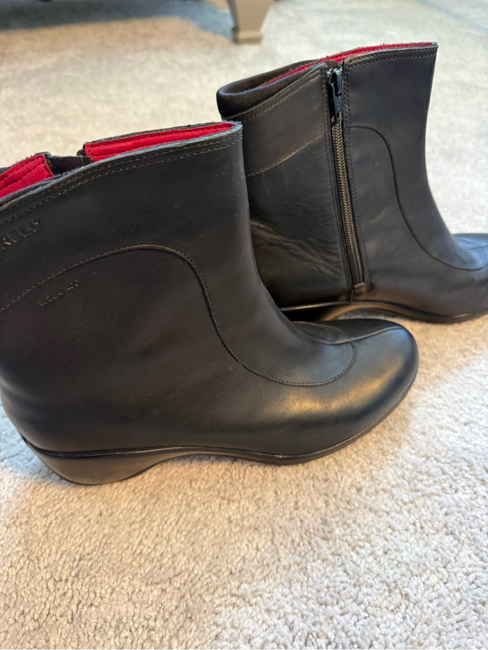 Merrell Women's Black Leather Ankle Boots with Red Lining